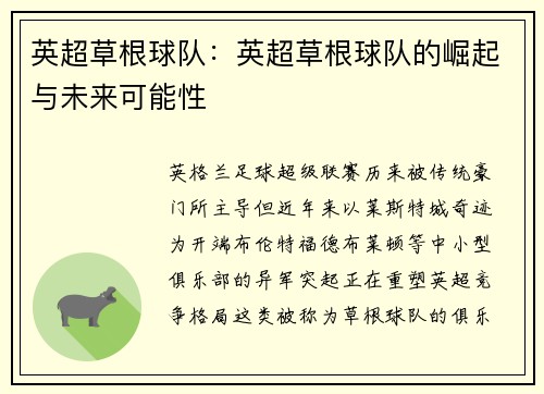 英超草根球队：英超草根球队的崛起与未来可能性