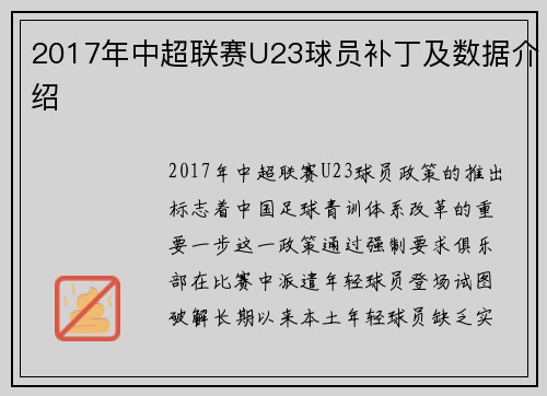 2017年中超联赛U23球员补丁及数据介绍