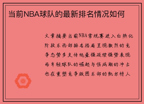 当前NBA球队的最新排名情况如何
